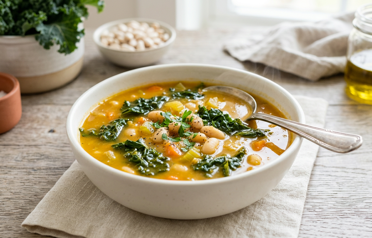 Mediterranean Lentil & Spinach Soup with Poached Egg